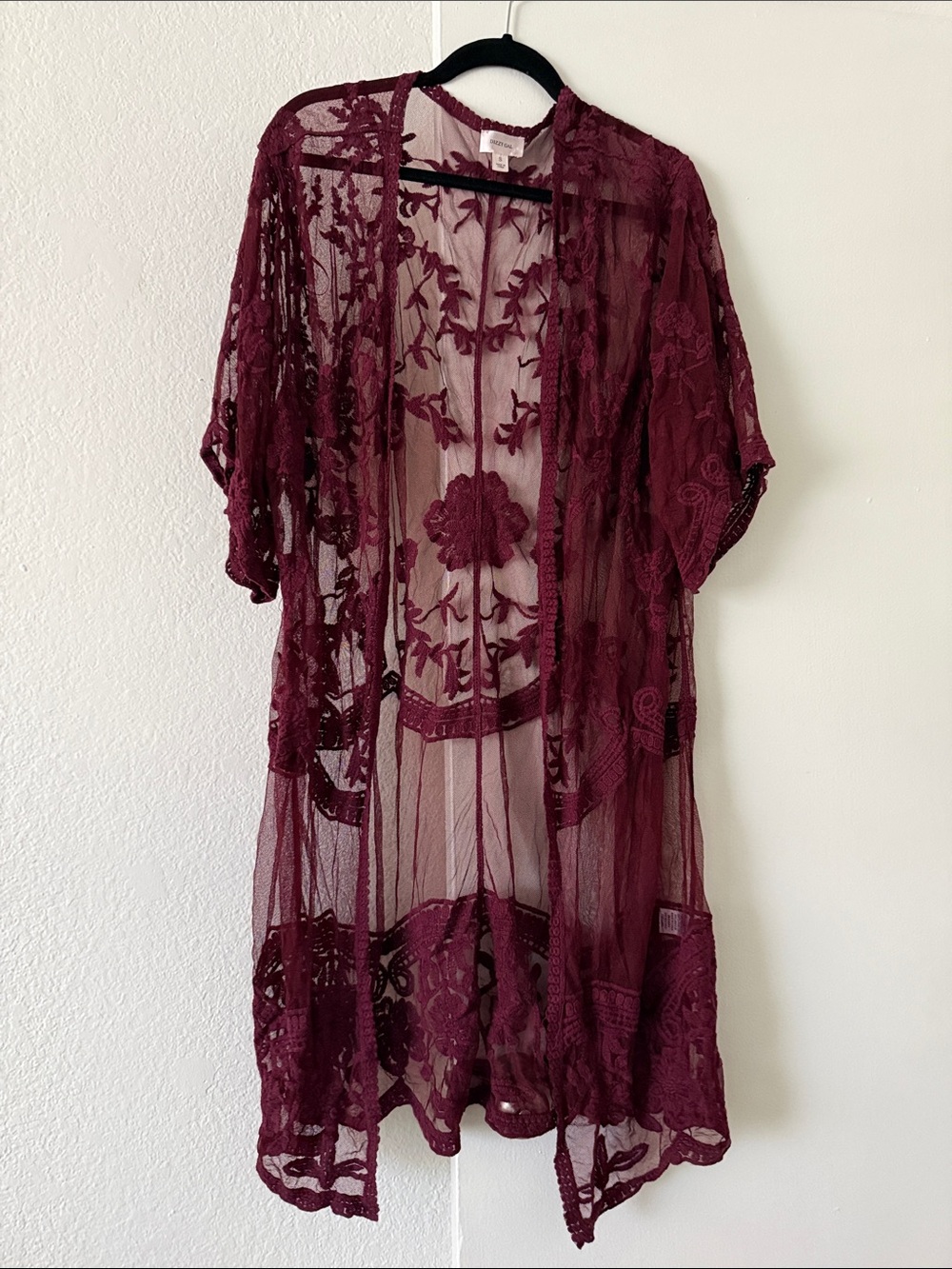 Sheer Floral Embroidered Kimono Robe in Burgundy